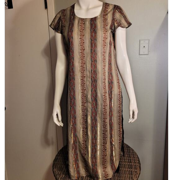 Handmade Tribal Metallic Slinky Maxi Dress M Far East Liquid Gold Unique Boho - Picture 9 of 9